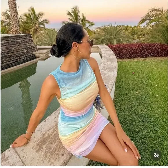 NWT ABERCROMBIE & FITCH The Trevor Project pastel rainbow ruched mesh dress XST - Picture 3 of 7